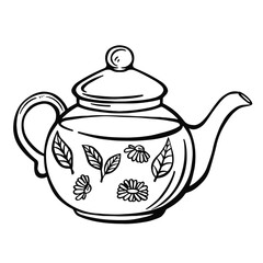 Green herbal tea in a glass teapot. Flowers, leaves, branches. Tea time. For holiday greetings, invitations, cards, posters.