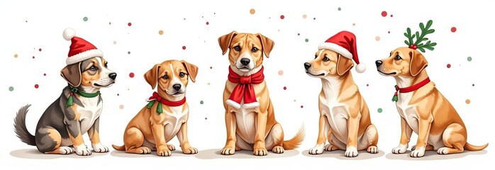 Obraz premium banner close-up hide dogs pet celebrating christmas wearing a reindeer antlers diadem, santa hat and red ribbon. Isolated on white or gray background. 