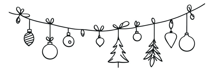 Garland of Christmas toys of different shapes drawn in one line. Isolated on white background