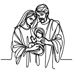 Fototapeta premium Continuous one line Christmas vector Christian nativity scene of baby Jesus with Mary and Joseph. Bethlehem scene.