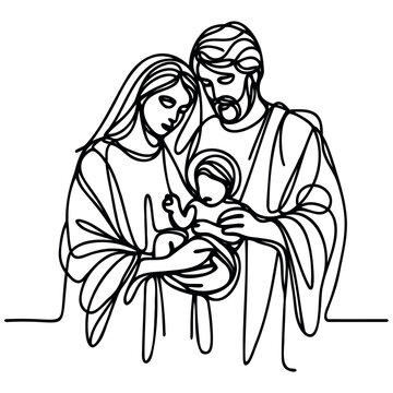 recommend clip art: Continuous one line Christmas vector Christian nativity scene of baby Jesus with Mary and Joseph. Bethlehem scene.