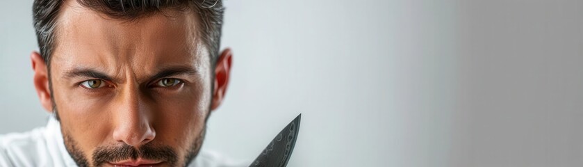 Obraz premium Man with chef's knife, white background, cooking tool