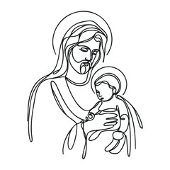 One continuous line drawing of a minimal Jesus Christ holding a baby in his arms