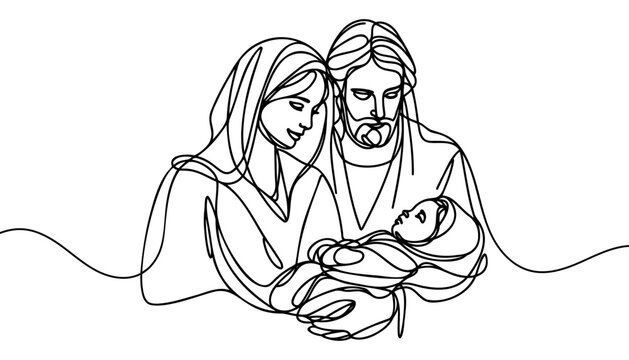 recommend clip art: Continuous one line Christmas vector Christian nativity scene of baby Jesus with Mary and Joseph. Bethlehem scene.