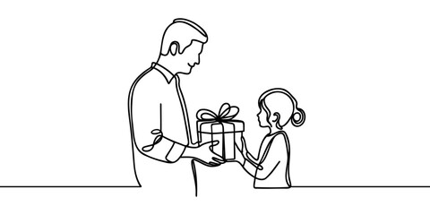 Fototapeta premium Continuous one line drawing of father giving gift to daughter, children birthday party concept, one line drawing