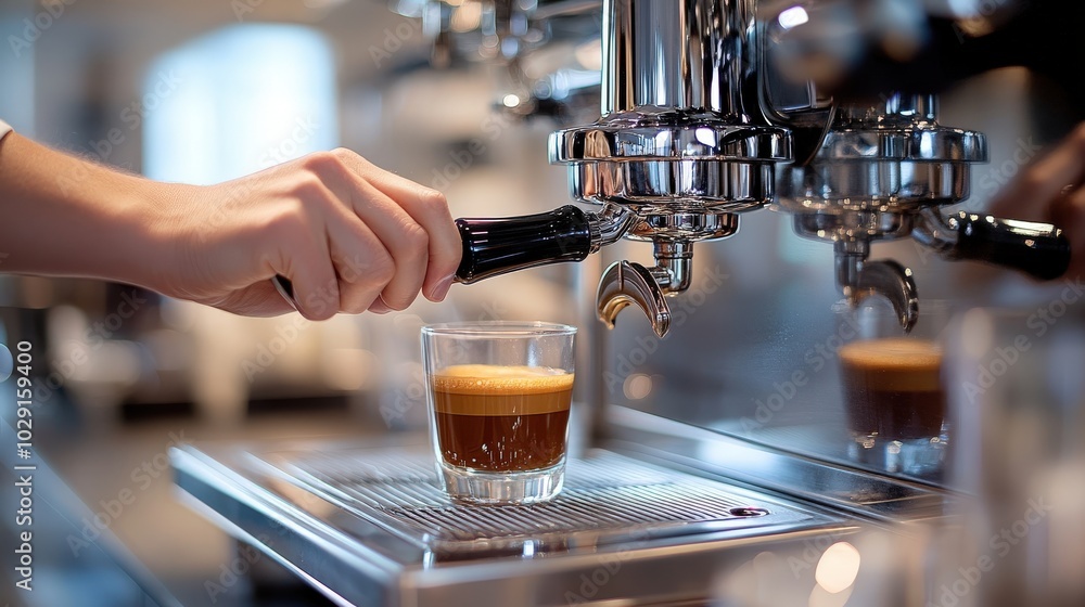 Poster close-up of a barista hands working with a sleek espresso machine, creating the perfect brew for a c