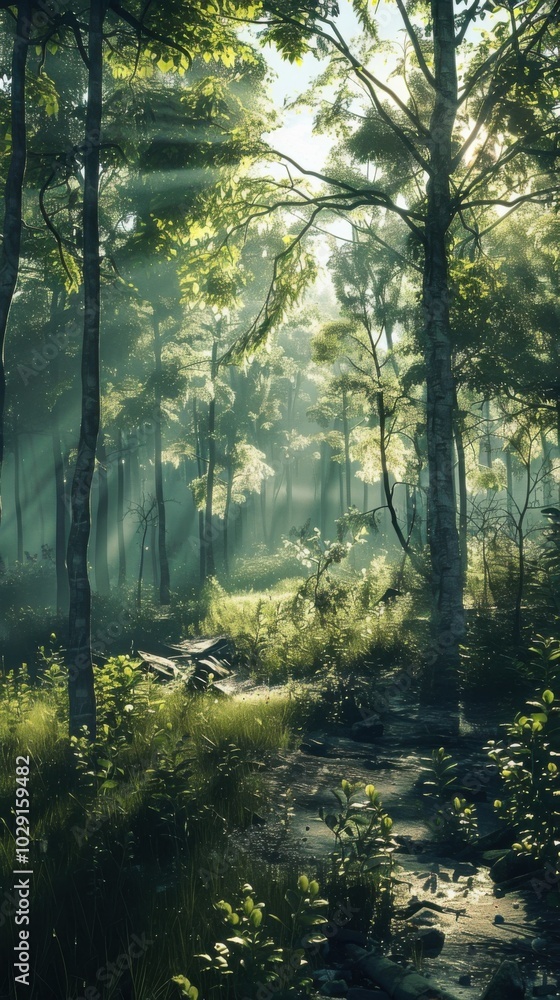 Sticker Peaceful forest with sunlight filtering through the trees, 4K hyperrealistic photo