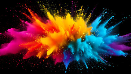 colorful pigment powder, explosion of colored powder exploding isolated on black background