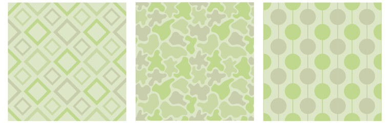 Set of geometric abstract seamless patterns in soft green colors for background, wallpaper, cover, social media, web, wrapping.