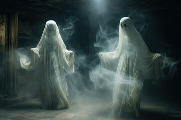 Ethereal beings ghosts with white flowing robes move through a dark and foggy space.