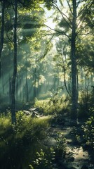 Fototapeta premium Peaceful forest with sunlight filtering through the trees, 4K hyperrealistic photo