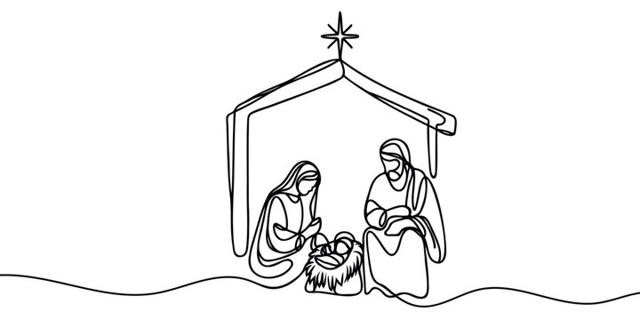 recommend clip art: Continuous one line Christmas vector Christian nativity scene of baby Jesus with Mary and Joseph. Bethlehem scene.