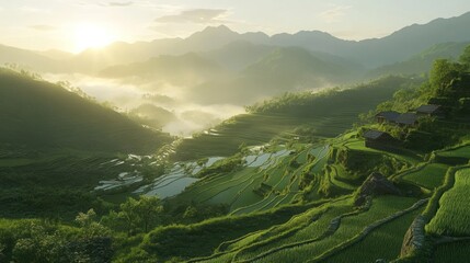 Stunning sunrise over a valley with rice terraces and traditional houses.