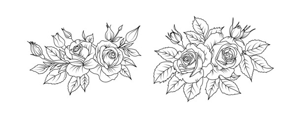Rose flower arrangement line art on white background. Silhouette roses botanical hand drawn element for wedding, invitation frame design, vector illustration