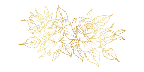 Golden rose flowers line art isolated on white background. Luxury roses floral design elements for invitation, wedding, wallpaper, print template, vector illustration
