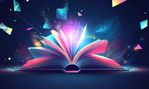 Open book with glowing pages, colorful geometric shapes and sparkles.