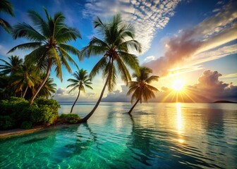 Obraz premium Serene Tropical Beach Silhouette with Turquoise Waters and Palm Trees on a Sunny Day