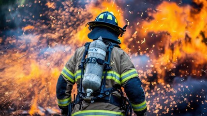 Fototapeta premium Firefighter battling flames, heroic stance amidst blazing fire.