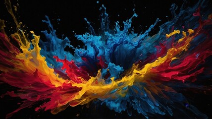 Dynamic explosion of vibrant blue, red, and yellow paint splashes, creating an abstract composition against a black background.
