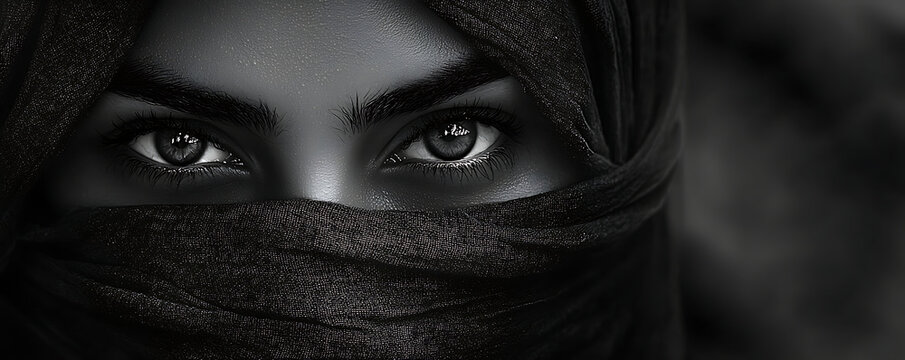 A close-up portrait of a veiled woman with only her captivating eyes visible through the dark fabric. The intense gaze, framed by the veil, creates a sense of mystery and beauty, ideal for fashion, my