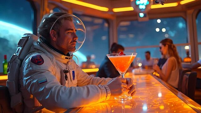 Astronaut Enjoying a Cocktail in a Space Bar