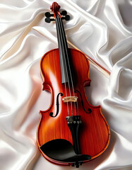 Fototapeta premium valuable violin on a white satin fabric, background for violin concert, music, hobby