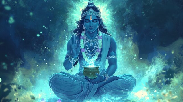 A serene illustration of Lord Dhanvantari, the god of medicine, holding a pot of nectar (amrita), surrounded by calming blue and green tones symbolizing healing and vitality