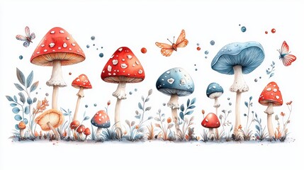 Fototapeta premium Colorful mushroom collection with Boletus, Chanterelles, and Fly Agarics, artistically arranged in a whimsical style, perfect for nature-themed illustrations.