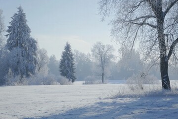 Fototapeta premium A serene winter morning in a snowy landscape with frosted trees and a tranquil atmosphere