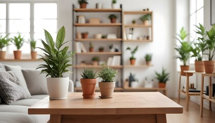 A wooden table in a cozy living room with a potted plant, a vase, and a blurred background of shelves and decor 