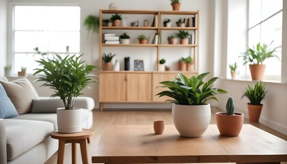 A wooden table in a cozy living room with a potted plant, a vase, and a blurred background of shelves and decor 