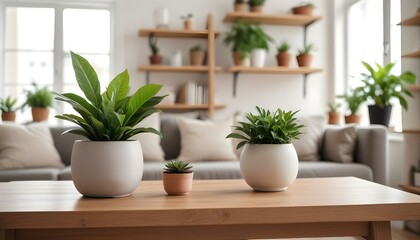 A wooden table in a cozy living room with a potted plant, a vase, and a blurred background of shelves and decor 