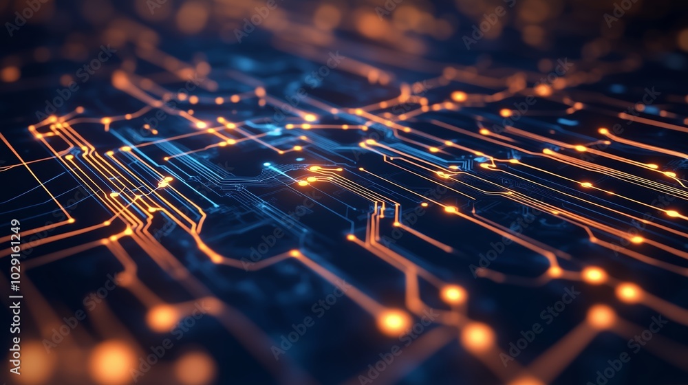 Poster illuminated circuit board design featuring glowing lines and nodes in an abstract layout with a dark