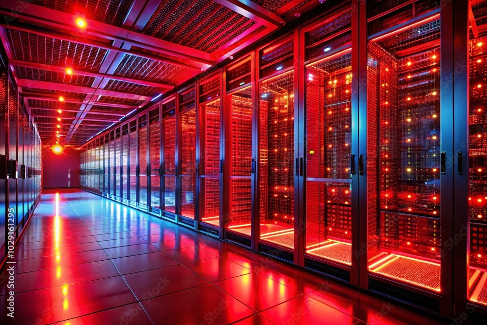 Poster server racks illuminated by red code in a modern data center - architectural photography