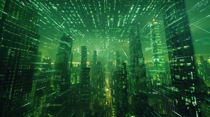 Obraz premium Digital hologram of green city with skyscrapers, neons and tablet. Virtual reality and metaverse. Smart eco modern city, digital data