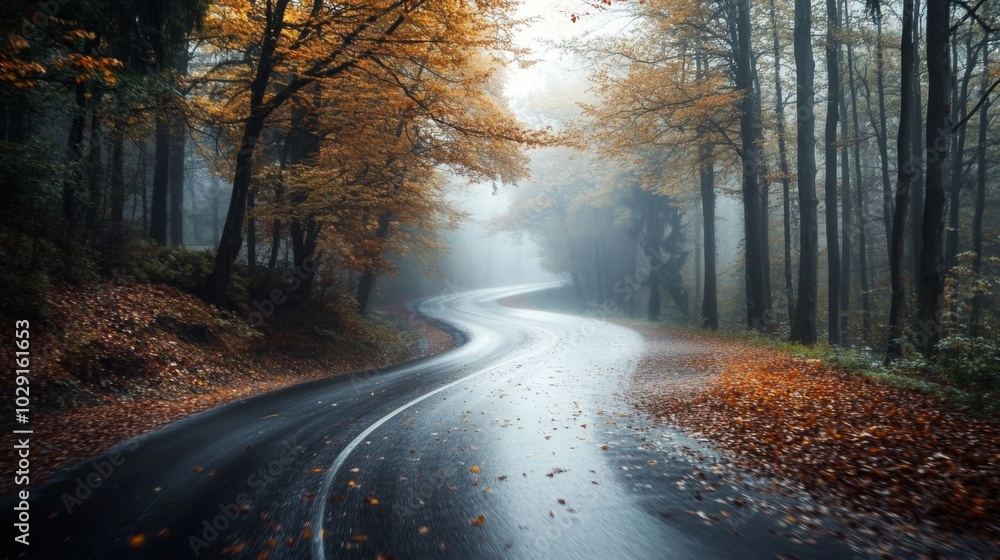 Poster a winding road cuts through a tranquil forest in autumn, with fog softly enveloping the trees. vibra