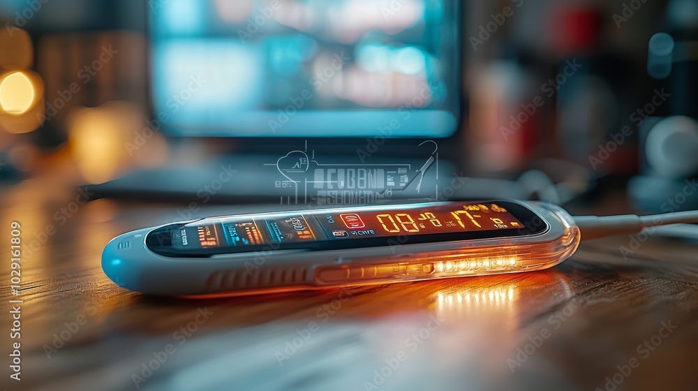 Aufkleber digital device with red display and light strip on wooden surface