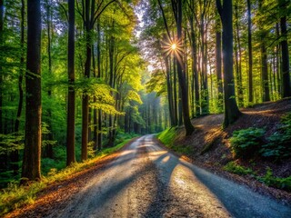 Obraz premium Shadows of Trees on Gravel Road in Forest - Nature Photography