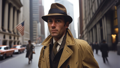Secret agent in a trench coat tailing a target in a 1960s urban setting