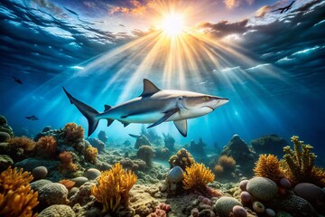 Shark Swimming Gracefully in Blue Ocean Waters &ndash; Stunning Underwater Product Photography