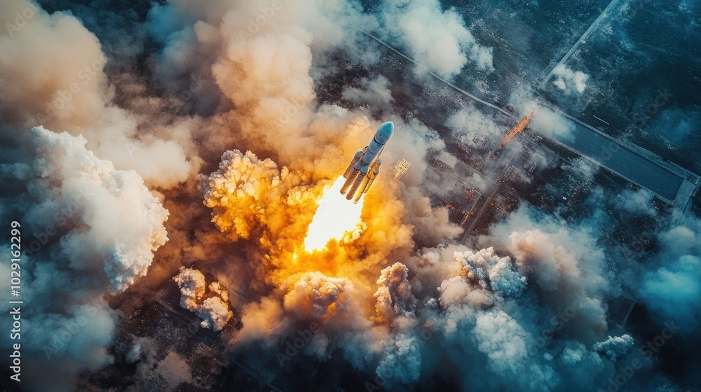 Poster a rocket launch through the clouds with smoke and fire behind it.