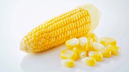 A whole ear of corn and several kernels on a white background.