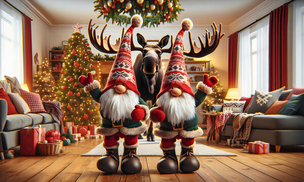Zwei Wichtel in Weihnachtskleidung winken , Hintergrund Tannenbaum, Weihnachtsbaum, elch