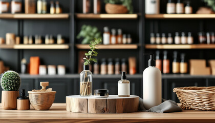 Cosmetics on a minimalist display podium in a beige perfume store environment