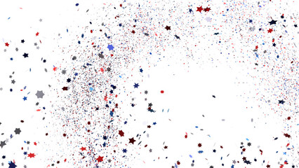 Festive background with confetti in the shape of stars in the color of the American flag.