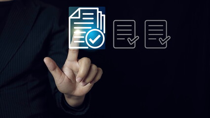 Check list concept. Businessman tick off questionnaire, survey, test, checklist, business question, approve check. Digital checklist option. Paperless document list.