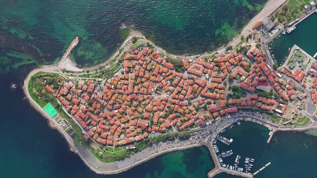 Travel to Bulgaria. Ancient City of Nessebar. Aerial view of the ancient island from drone