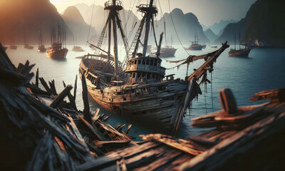 Schiffswrack, &Uuml;berreste nach einem Unwetter auf See, copy space