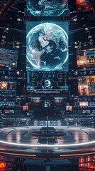 High-tech stadium with holographic displays and zero-gravity sports, 4K hyperrealistic photo