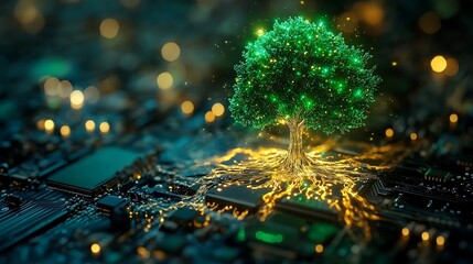 Glowing tree growing from computer motherboard symbolizing sustainability